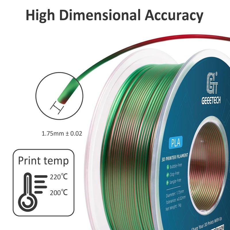Geeetech Silk PLA Filament 1.75mm Silk Dual Color Filament, Coextrusion Dichromatic Metal-Like Shiny Consumable 1kg (2.2lbs) 1 Spool, Dimensional Accuracy +/- 0.02 mm, Green Red - Image 3